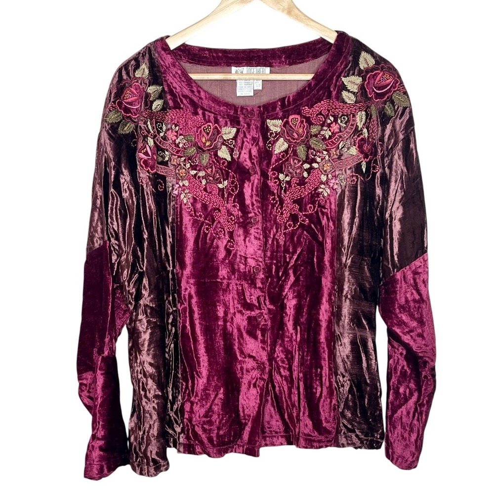 Vintage Embroidered Crushed Velvet Top Burgundy Womens L Whimsigoth Y2K